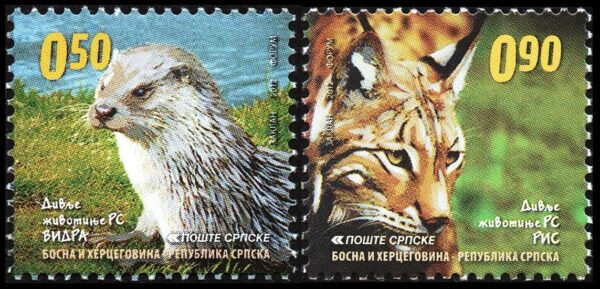 REPUBLICA SERBIA DE BOSNIA/SELLOS, 2012 - FAUNA - MANMIFEROS: NUTRIA EUROPEA - FELINOS: LINCE - YV 529/30 - 2 VALORES - NUEVO