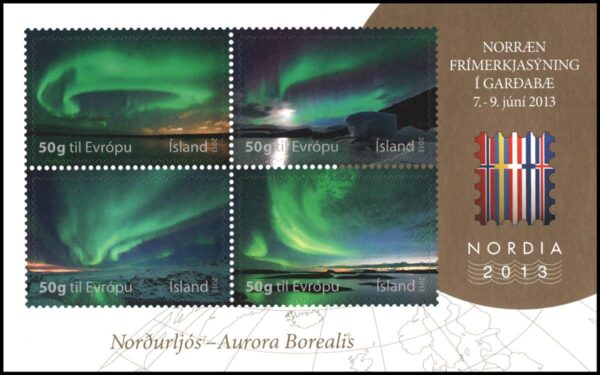 ISLANDIA/SELLOS, 2013 - AURORAS BOREALES - "NORDIA 2013" - YV 1323/26 - HOJITA AUTOADHESIVA - NUEVO