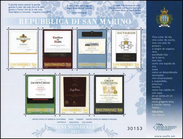 SAN MARINO/SELLOS, 2013 - VITIVINICULTURA - GRANDES VINOS DEL MUNDO - YV 2324/30 - HOJITA DE 7 VALORES - NUEVO