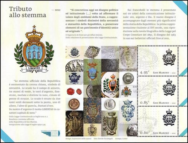 SAN MARINO/SELLOS, 2012 - ESCUDOS DE ARMAS - YV 2297/99 - HOJITA - NUEVO