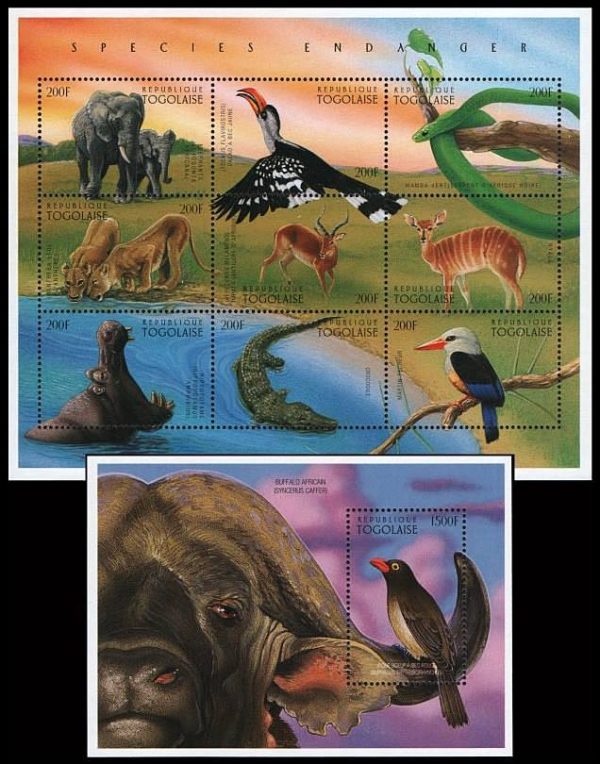 TOGO/SELLOS, 1996 - FAUNA EN PELIGRO DE EXTINCION - YV 1498A/98J - HOJITA + BLOQUE - NUEVO