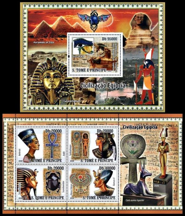 SANTO THOME Y PRINCIPE/SELLOS, 2008 - CULTURA EGIPCIA -YV 2728/31 + BF 441 HOJITA + BLOQUE - MNH