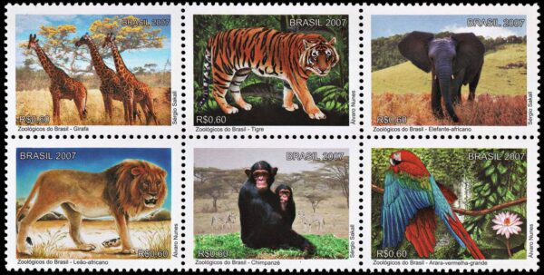 BRASIL/SELLOS, 2007 - ZOOLOGICOS DE BRASIL (LEON, TIGRE, GUACAMAYO, CHIMPANCE, ELEFANTE, JIRAFA) - YV 2991/96 - 6 VALORES - NUEVO