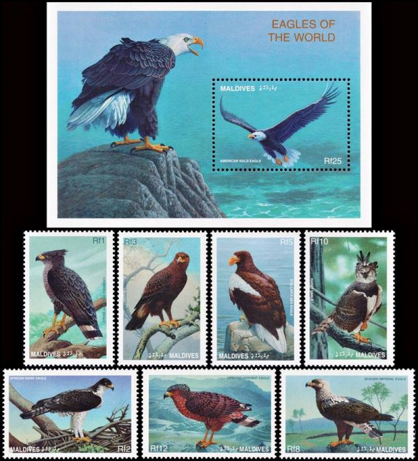 MALDIVAS/SELLOS, 1997 - AVES DE PRESA - YV 2442/48 + BF 381 - 7 VALORES + BLOQUE - NUEVO