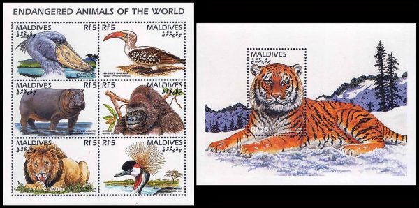 MALDIVAS/SELLOS, 1996 - FAUNA EN PELIGRO DE EXTINCION - YV 2263/68 + BF 361 - HOJITA + BLOQUE - NUEVO