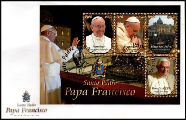 PERU/SOBRE, 2013 - PAPA FRANCISCO - EL SANTO PADRE FRANCISCO Y EL PAPA BENEDICTO XVI - BLOQUE - SOBRE PRIMER DIA DE EMISION