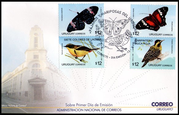 URUGUAY/SOBRE, 2009 - FAUNA - AVES: SIETE COLORES DE LAGUNA Y CARPINTERO DE NUCA ROJA - MARIPOSAS - YV 2407/10 - 4 VALORES - SOBRE PRIMER DIA DE EMISION