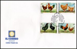 URUGUAY/SOBRE, 2001 - ANIMALES DOMESTICOS - GALLINAS - GALLOS - YV 1973/76 - 4 VALORES - SOBRE PRIMER DIA DE EMISION