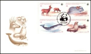 CHILE/SOBRE, 1984 - W.W.F. - ANIMALES EN PELIGRO DE EXTINCION - CHINCHILLA - BALLENA AZUL - OSOS MARINOS DE GUADALUPE - HUEMULES - YV 676/79 - 4 VALORES - SOBRE PRIMER DIA DE EMISION
