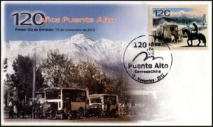 CHILE/SOBRE, 2012 - 120 AÑOS DE LA CIUDAD DE PUENTE ALTO - TREN - AUTOS ANTIGUOS - 1 VALOR - SOBRE PRIMER DIA DE EMISION