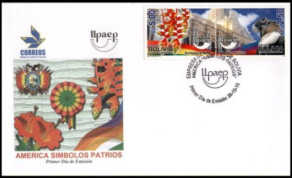 BOLIVIA/SOBRE, 2010 - AMERICA U.P.A.E.P. - SIMBOLOS NACIONALES - CONDOR - FLOR NACIONAL -ESCUDO - BANDERAS - YV 1399/400 - 2 VALORES - SOBRE PRIMER DIA DE EMISION