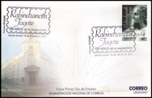 URUGUAY/SOBRE, 2011 - LITERATURA - PERSONALIDADES: 150 AÑOS DEL NACIMIENTO DE RABINDRANATH TAGORE (ESCRITOR INDIO) - YV 2467 - 1 VALOR - SOBRE PRIMR DIA DE EMISION