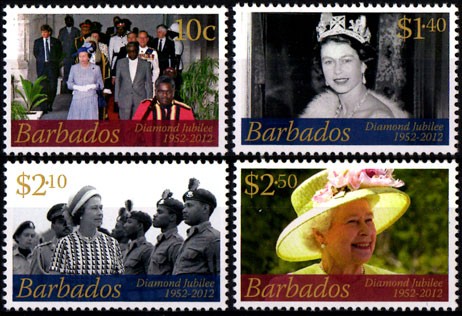 BARBADOS/SELLOS, 2012 - REALEZA - 60 ANIVERSARIO DE LA REINA ELIZABETH II - JUBILEO DE DIAMANTE 1952-2012 - YV 1245/47 - 4 VALUES - NUEVO