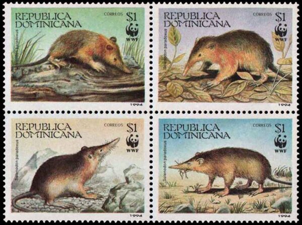 REPUBLICA DOMINICANA/SELLOS, 1994 - W.W.F. FAUNA PROTEGIDA: SOLENODONTE DE LA ESPAÑOLA - YV 1145/48 - 4 VALORES - NUEVO