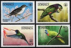 DOMINICA/SELLOS, 1984 - W.W.F. FAUNA PROTEGIDA - AVES: REINITA PLUMBA, LORO IMPERIAL, COLIBRI AZUL ULTRAMARINO Y AMAZONA GORGIRROJA - YV 794/97 - 4 VALORES - NUEVO