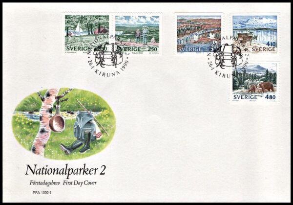 SUECIA/SOBRES, 1990 - FAUNA - PARQUES NACIONALES - OSOS - RENOS - CISNES - TURISMO - YV 1566/70 - 5 VALORES - SOBRE PRIMER DIA EMISION
