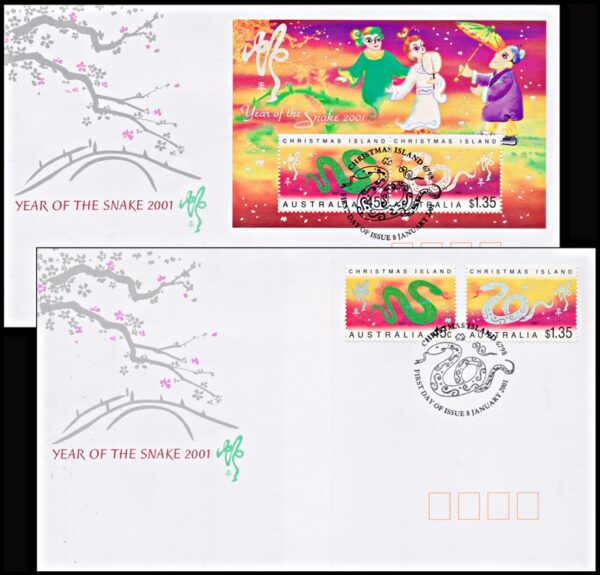 CHRISTMAS ISLANDS/COVER, 2001 - YEAR OF THE SNAKE - Yv. 483/4 + BL 23 - 2 FIRST DAY COVERS