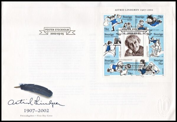 SUECIA/SOBRE, 2002 - LITERATURA INFANTIL  - ASTRID LINDGREN - ESCRITORA - YV 2257/63 - 7 VALORES - SOBRE PRIMER PRIMER DIA EMISION