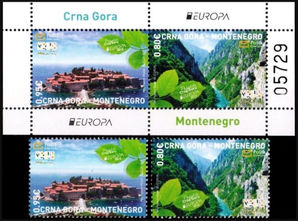 MONTENEGRO/SELLOS, 2012 - TEMA EUROPA - TURISMO - PAISAJES - YV 312/13 + BF 12 - 2 VALORES + BLOQUE - NUEVO