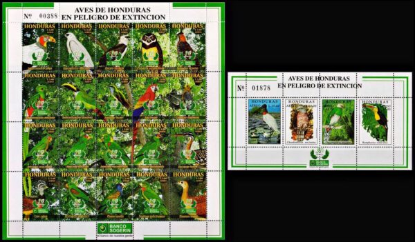 HONDURAS/SELLOS, 1999 - AVES EN PELIGRO DE EXTINCION - YV 973/92 + BF 59 - HOJITA DE 20 VALORES + BLOQUE - NUEVO