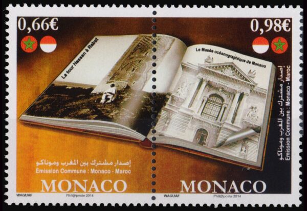 MONACO/SELLOS, 2014 - RELACIONES MONACO Y MARRUECOS - BANDERAS - MUSEO OCEANOGRAFICO - TORRE HASSAN DE RABAT - YV 2948/49 - 2 VALORES - NUEVO