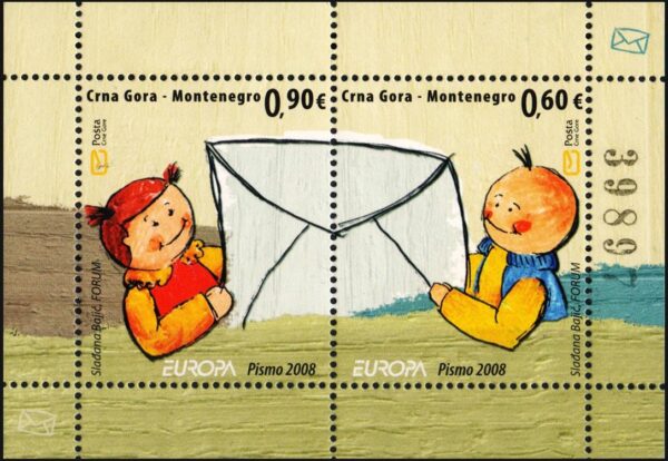 MONTENEGRO/SELLOS, 2008 - TEMA EUROPA - ESCRITURA DE UNA CARTA - DIBUJOS INFANTILES - YV BF 7 - BLOQUE - NUEVO