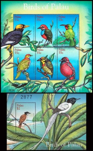 PALAU/SELLOS, 2001 - AVES DE PALAU - YV 1699/04 + BF 135 - HOJITA DE 6 VALORES + BLOQUE - NUEVO