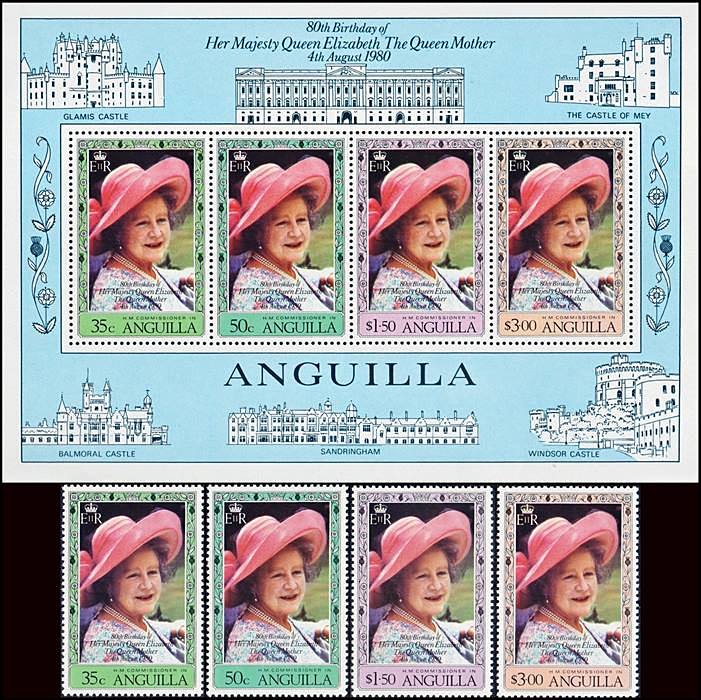 ANGUILLA/SELLOS, 1980 - REALEZA LA REINA MADRE - YV 361/64 + BF 33 - 4 VALORES + BLOQUE - NUEVO
