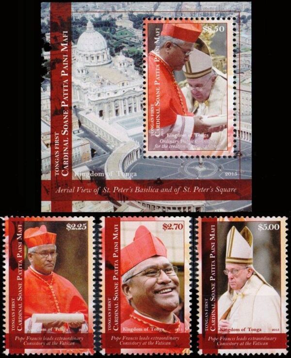 TONGA/SELLOS, 2015 - EL PAPA FRANCISCO - YV 1448/50 + BF 75 - 3 VALORES + BLOQUE - NUEVO