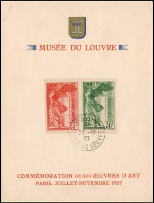 FRANCIA/TARJETA SOUVENIR, 1937 - MUSEO DEL LOUVRE - LA LIBERTAD ALADA DE SAMOTRACIA - YV 354/55 - 2 VALORES - MATASELLADO