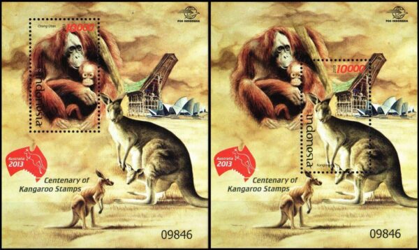 INDONESIA - SELLOS - AÑO 2013 - FAUNA - MAMIFEROS - CANGURO - ORANGUTAN - YV BF 289/90 - 2 BLOQUES - NUEVO