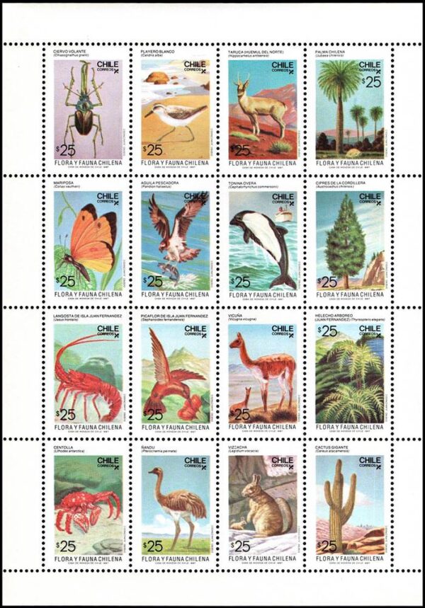 CHILE/SELLOS, 1987 - FAUNA Y FLORA CHILENAS - YV 804/819 - HOJITA DE 16 VALORES - NUEVO