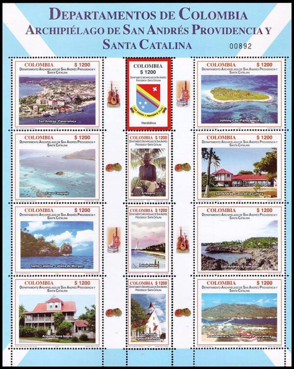 COLOMBIA/SELLOS, 2005 - DEPARTAMENTOS DE COLOMBIA - ARCHIPIELAGO DE SAN ANDRES PROVIDENCIA Y SANTA CATALINA - YV 1325/36 - HOJITA DE 12 VALORES - NUEVO