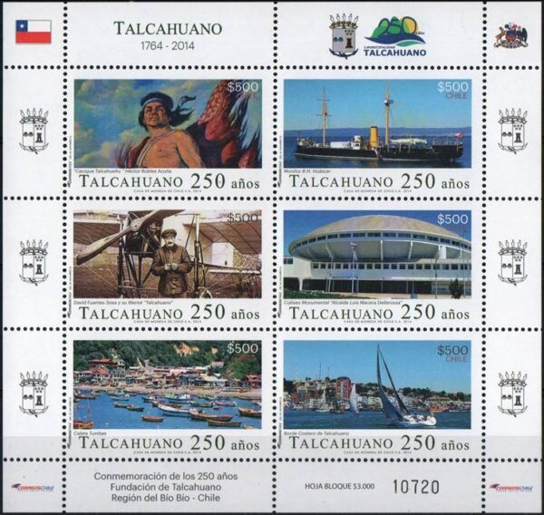 CHILE/SELLOS, 2014 - 250 ANIVERSARIO DE LA FUNDACION DE TALCAHUANO - YV 2057/62 - HOJITA DE 6 CVALORES - NUEVO