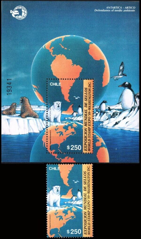 CHILE/SELLOS, 1989 - MAPA DEL CONTINENTE AMERICANO - OSO POLAR - PINGUINOS YV 922A + BF 34 - 1 VALOR + BLOQUE - NUEVO