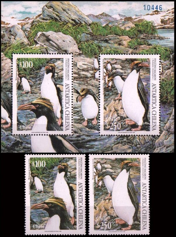 CHILE/SELLOS, 1995 - ANTARTICA CHILENA - PINGUINOS MACCARONI - YV 1281/82 + BF 48 - 2 VALORES + BLOQUE - NUEVO