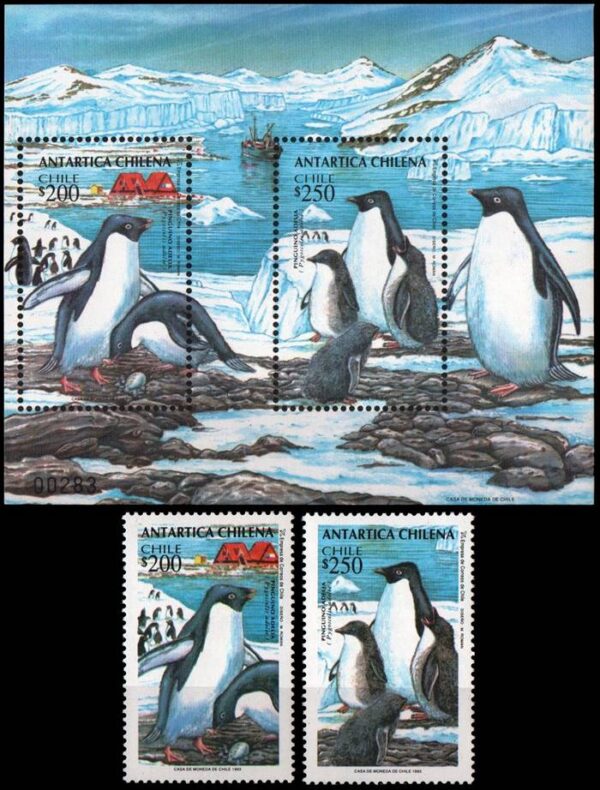 CHILE/SELLOS, 1993 - ANTARTICA CHILENA - PINGUINOS ADELAIDA - YV 1190/91 + 46 - 2 VALORES + BLOQUE - NUEVO