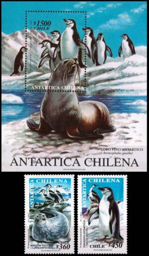 CHILE/SELLOS, 1999 - ANTARTICA CHILENA - FAUNA : FOCA DE WEDDEL - PINGUINOS BARBIJO - YV 1488/89 + BF 59 - 2 VALORES + BLOQUE