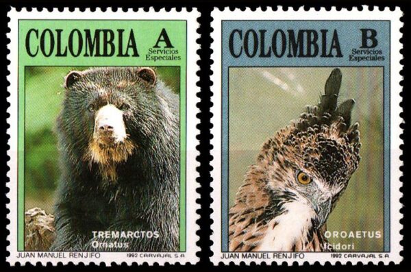 COLOMBIA/SELLOS, 1992 - FAUNA: ANIMALES SALVAJES: OSO DE ANTEOJOS - AGUILA POMA - YV 980/81 - 2 VALORES - NUEVO
