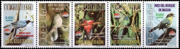 ECUADOR/SELLOS, 2000 - AVES DEL BOSQUE DE MAZAN - YV 1495/99 - 5 VALORES - NUEVO