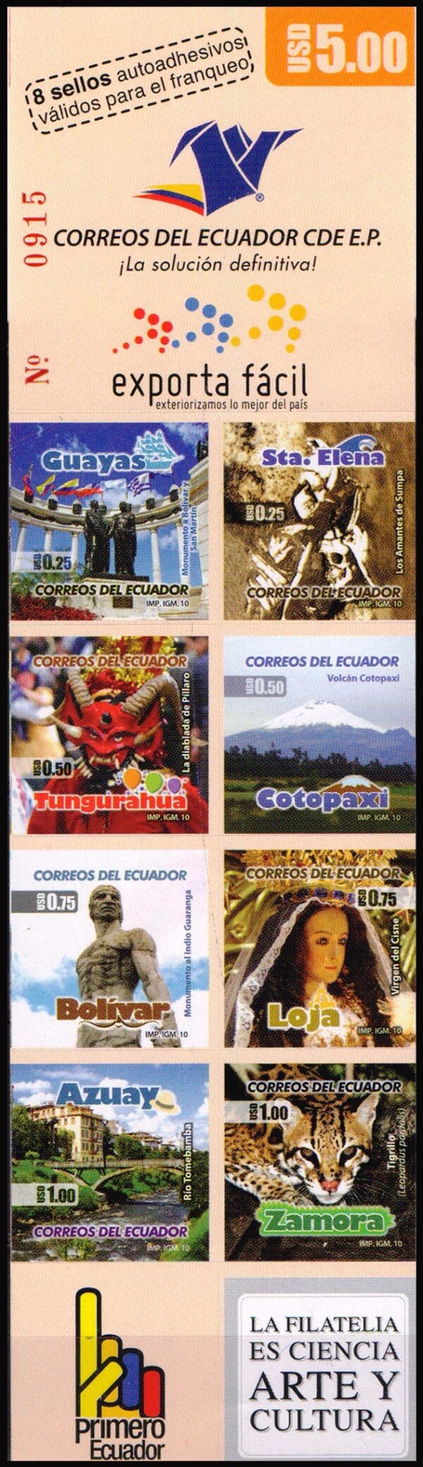 ECUADOR/SELLOS , 2010 - TURISMO - PROVINCIAS - FAUNA - RELIGION - VOLCAN - YV C 2229 - CARNET - AUTOADHSIVO - NUEVO