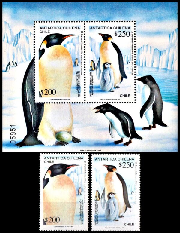 CHILE/SELLOS, 1992 - FAUNA ANTARTICA - PINGUINOS EMPERADORES - YV 1129/30 + BL 42 - 2 VALORES + BLOQUE - NUEVO