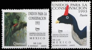 MEXICO/SELLOS, 1993 - AMERICA UPAEP - FAUNA EN PELIGRO DE EXTINCION - QUETZAL - PAVON - YV 1496/97 - 2 VALORES - NUEVO