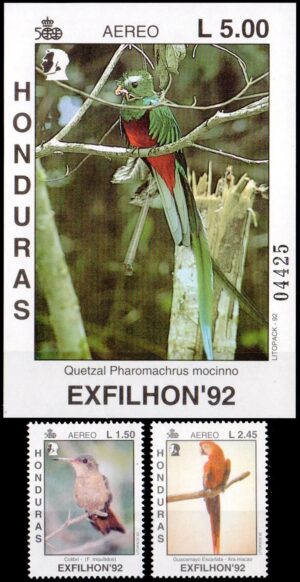 HONDURAS/SELLOS, 1992 - FAUNA: AVES - YV A972/73 + BL 49 - 2 VALORES + BLOQUE - NUEVO