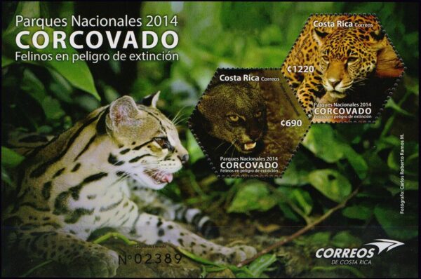 COSTA RICA/SELLOS, 2014 - FAUNA. FELINOS - PARQUE NACIONAL EL CORCOVADO - YV BF 34 - BLOQUE - NUEVO