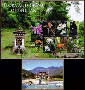BHUTAN/SELLOS, 2015 - FLORA Y FAUNA - YV 1982/9 + BF 491 - HOJITA DE 8 VALORES + BLOQUE - NUEVO
