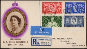 GRAN BRETAÑA/SOBRE, 1953 - CORONACION ELIZABETH II - YV 279/82 - 4 VALORES - SOBRE PRIMER DIA DE E MISION