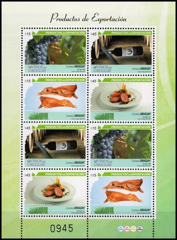 URUGUAY/SELLOS, 2013 - GASTRONOMIA - 4 VALORES - HOJITA DE 8 SELLOSS - NUEVO