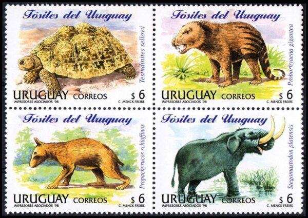 URUGUAY/SELLOS, 1998 - PREHISTORICOS - FOSILES - YV 1708/11 - 4 VALORES - NUEVO