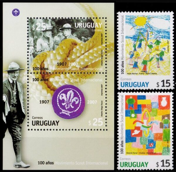 URUGUAY/SELLOS, 2007 - 100º ANIVERSARIO DE SCOUTISMO - YV 2325/26 + BF 84 - 2 VALORES + BLOQUE, NUEVOS